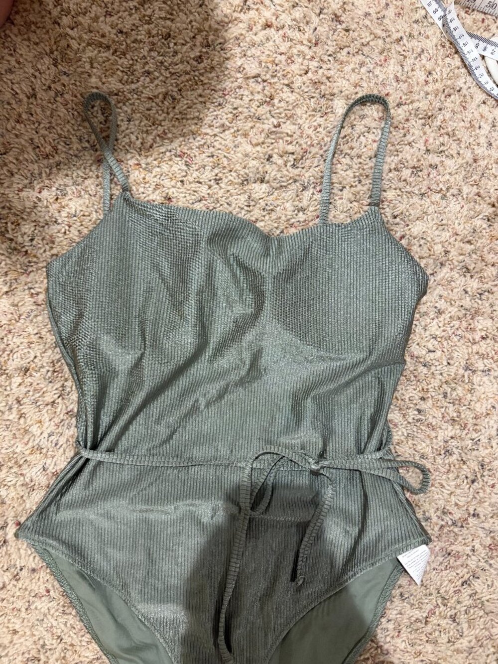 Aerie Shine Ribbed Strappy Scoop Olive Green One Piece Wrap Around Tie Swimsuit - Picture 4 of 11